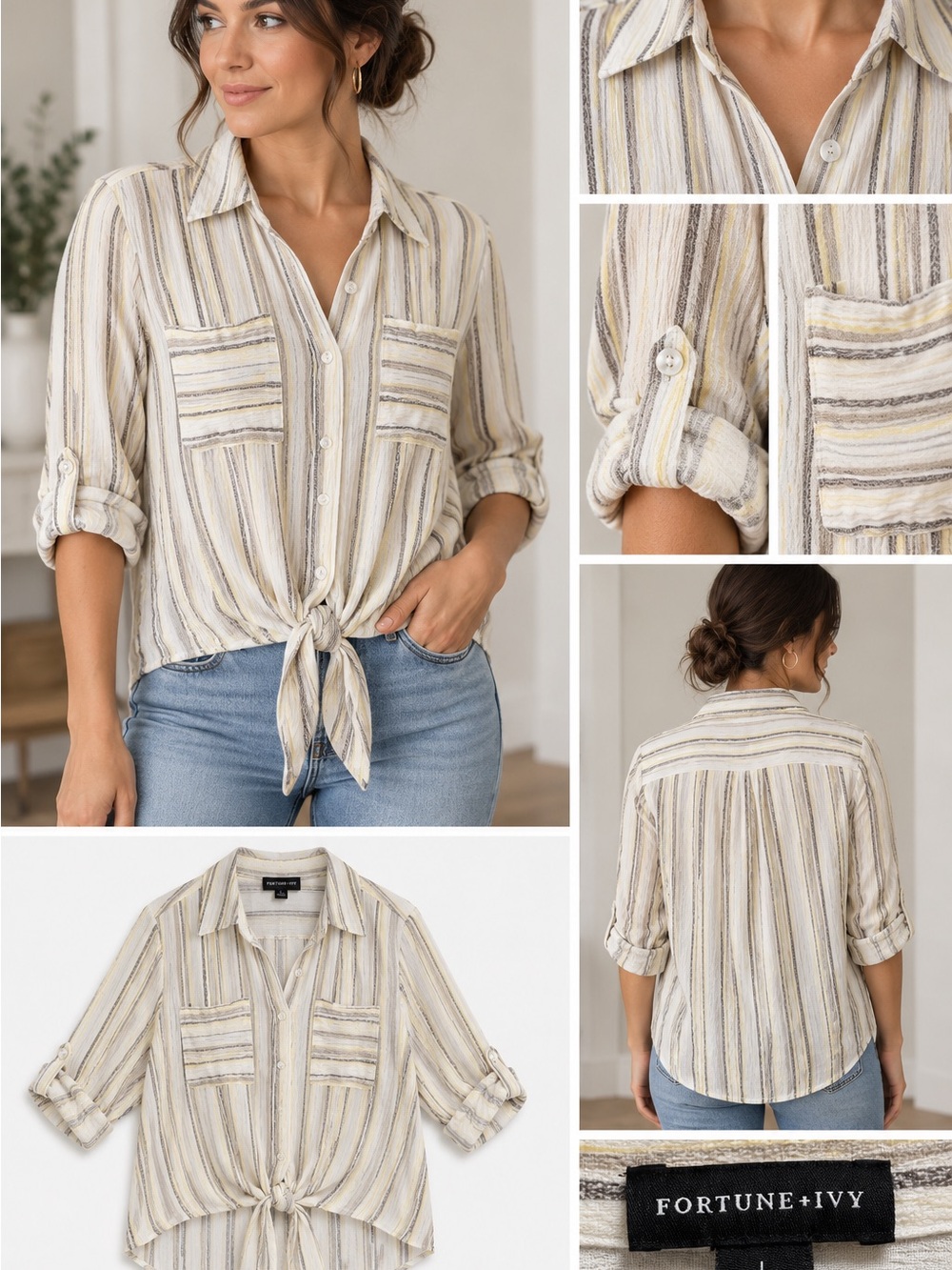 Fortune + Ivy Striped Button Front Tie-Waist Blouse